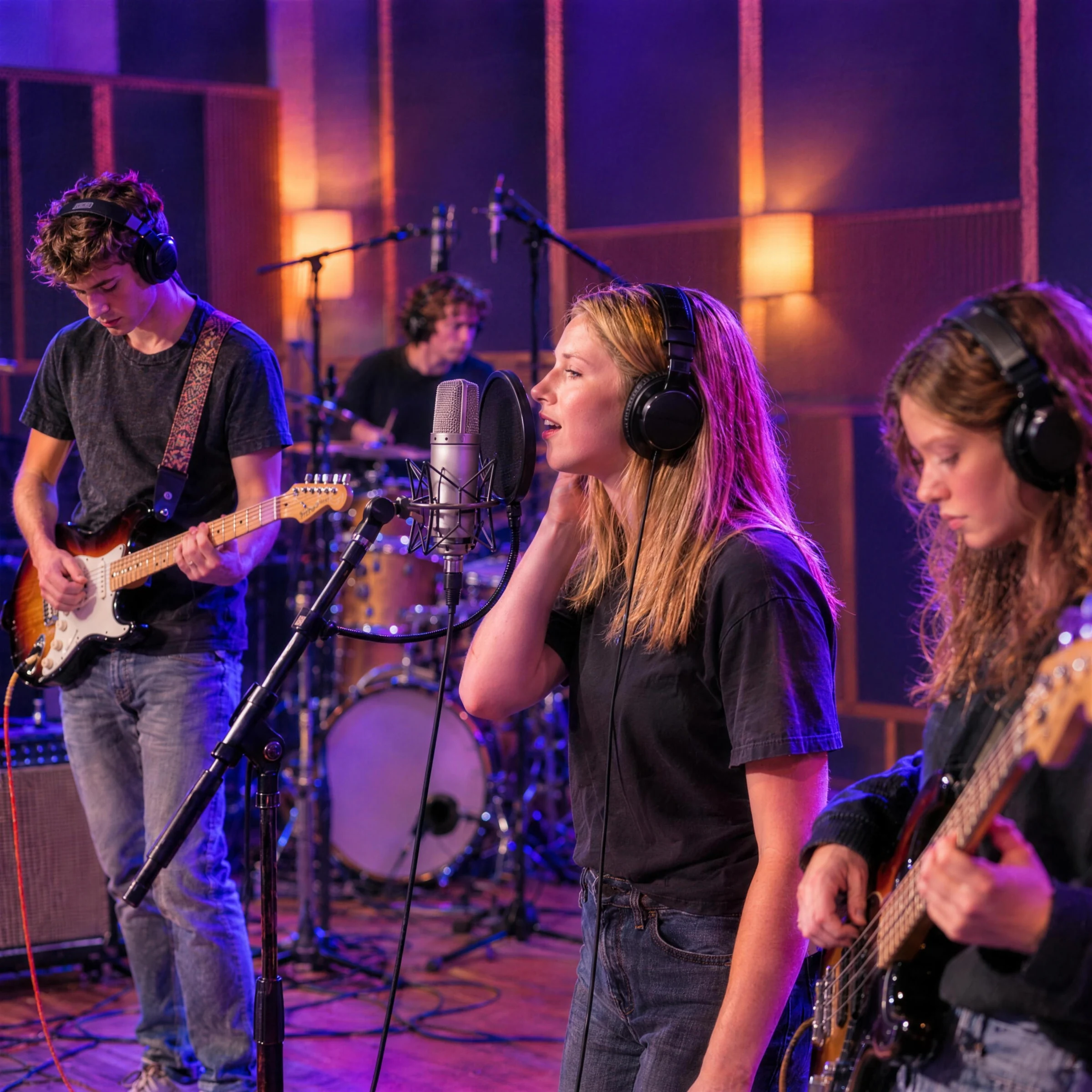 Jonge band neemt op in de studio: zangeres achter de microfoon met popfilter, gitarist, bassist en drummer met koptelefoons op